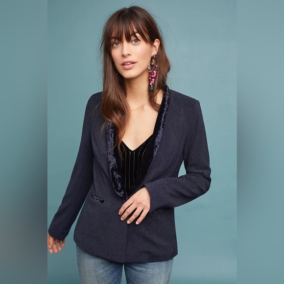 Anthropologie Navy Blazer with Velvet Trim - Picture 1 of 14